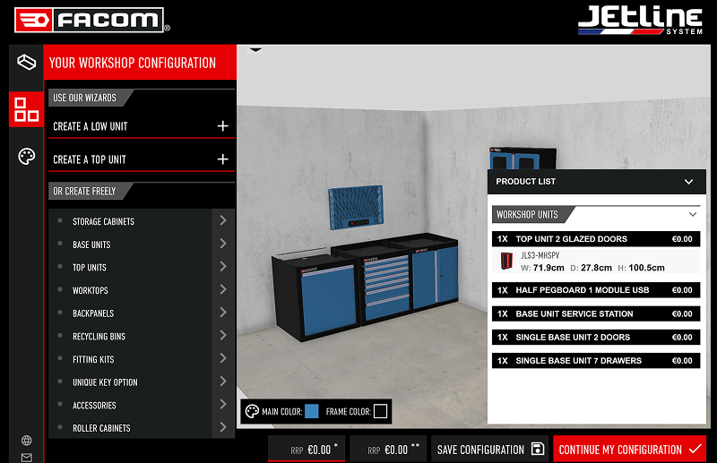 FACOM Jetline 3D workshop planner showing custom room layout and configurable storage units.