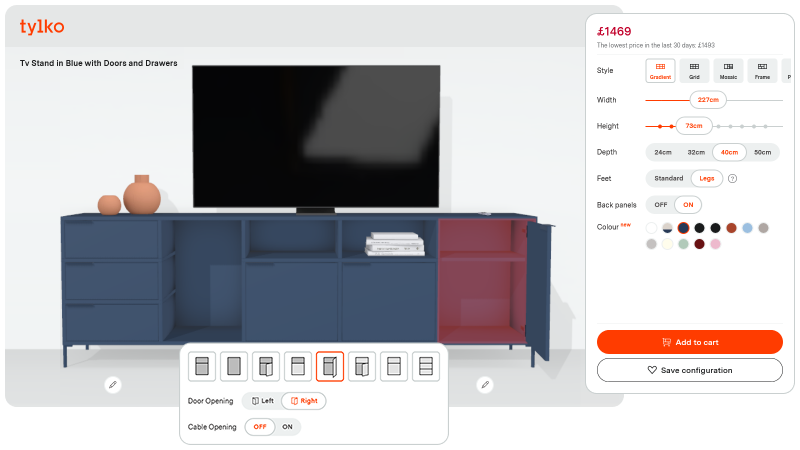 Tylko modular shelving configurator showing adjustable layout, colors and real-time 3D room context.