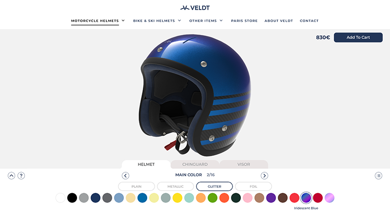 Veldt helmet configurator displaying customizable paint finishes like metallic and iridescent effects.